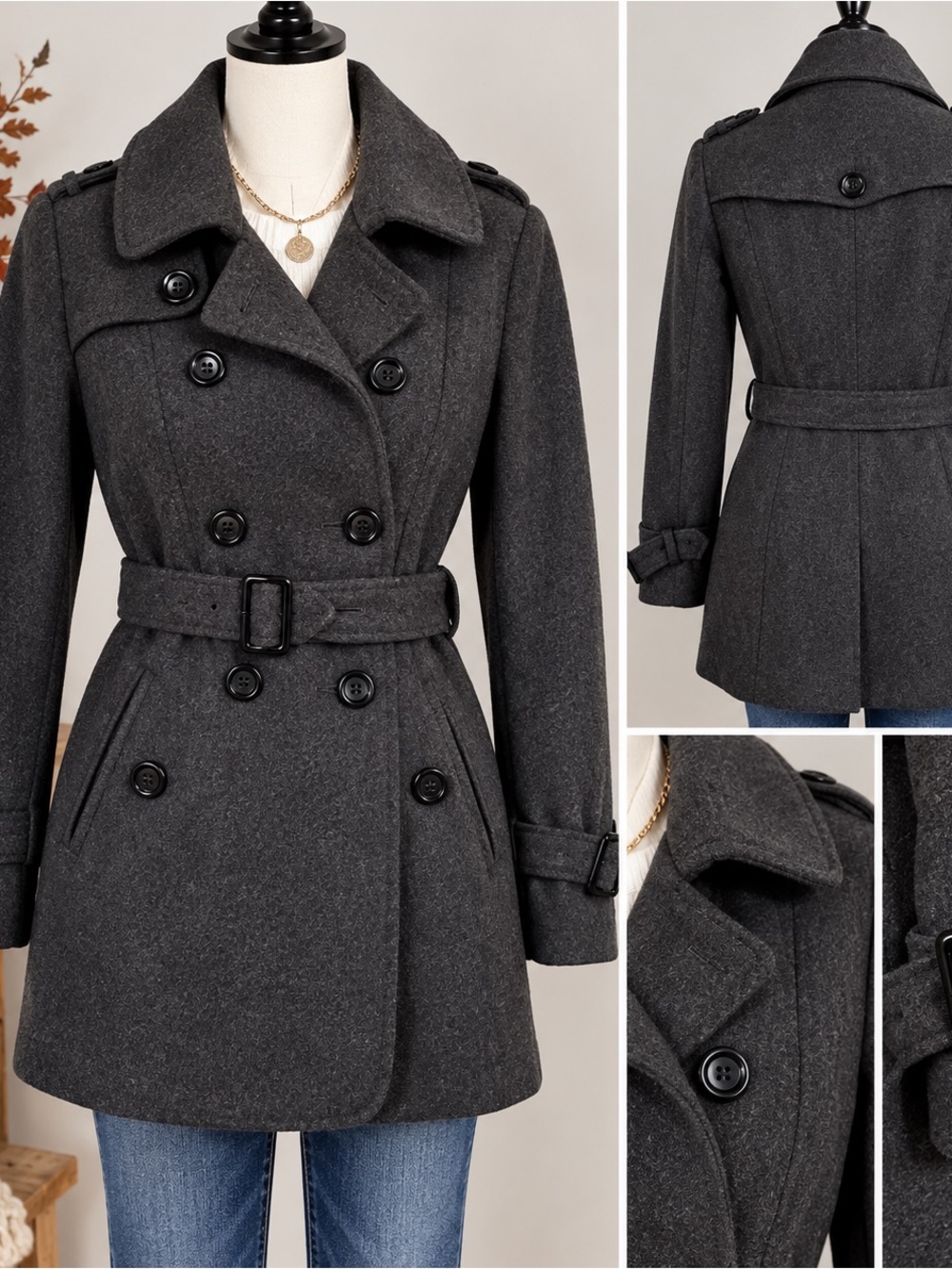 Women’s Charcoal Gray Wool Blend Belted Trench Coat Double Breasted M
